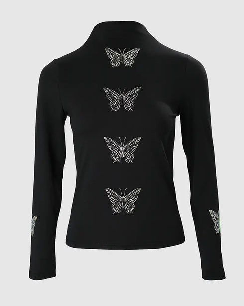 Rhinestone Butterfly Pattern Long Sleeve Top black