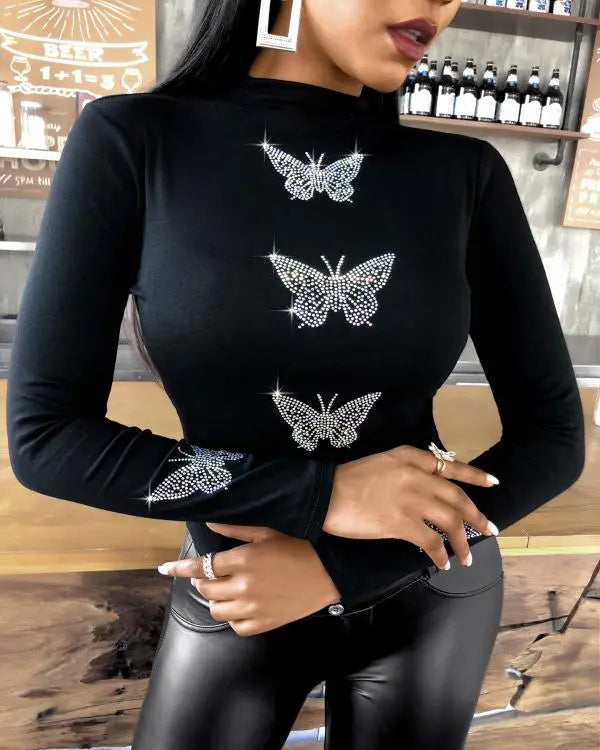 Rhinestone Butterfly Pattern Long Sleeve Top black