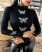 Rhinestone Butterfly Pattern Long Sleeve Top black