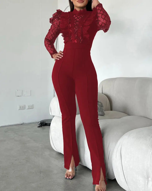 Elegant Mesh See Through Long Sleeve Jumpsuits Contrast Lace Sequin Patch Casual Overalls Wine red