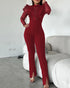 Elegant Mesh See Through Long Sleeve Jumpsuits Contrast Lace Sequin Patch Casual Overalls Wine red