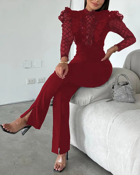 Elegant Mesh See Through Long Sleeve Jumpsuits Contrast Lace Sequin Patch Casual Overalls Wine red