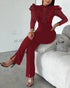 Elegant Mesh See Through Long Sleeve Jumpsuits Contrast Lace Sequin Patch Casual Overalls Wine red