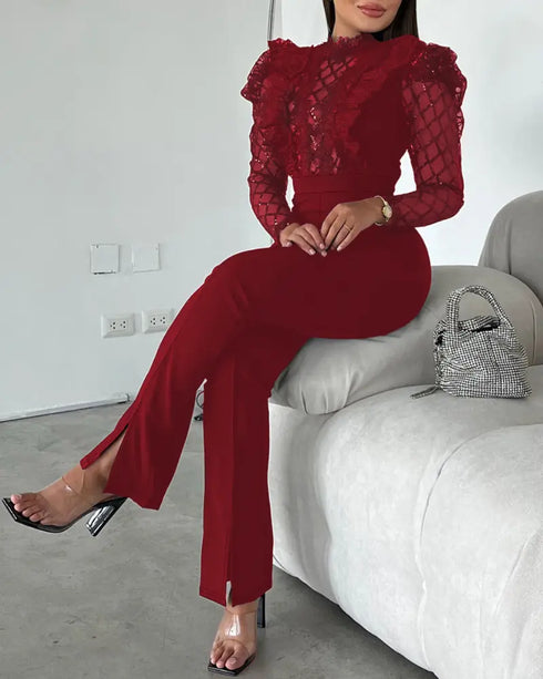 Elegant Mesh See Through Long Sleeve Jumpsuits Contrast Lace Sequin Patch Casual Overalls Wine red