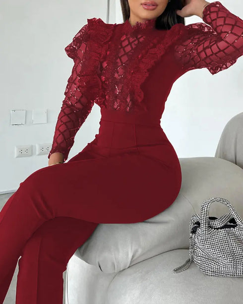 Elegant Mesh See Through Long Sleeve Jumpsuits Contrast Lace Sequin Patch Casual Overalls Wine red