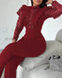 Elegant Mesh See Through Long Sleeve Jumpsuits Contrast Lace Sequin Patch Casual Overalls Wine red