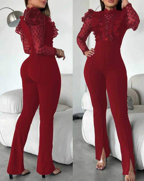 Elegant Mesh See Through Long Sleeve Jumpsuits Contrast Lace Sequin Patch Casual Overalls Wine red