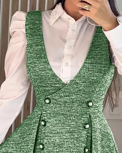 V-Neck Sleeveless Double Breasted Decor A Line Party Dress Causal Ziper Back Peplum Hem Commuting Dress green