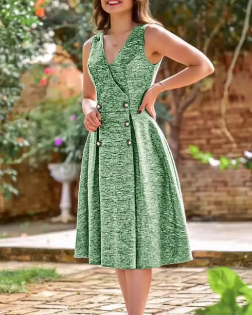 V-Neck Sleeveless Double Breasted Decor A Line Party Dress Causal Ziper Back Peplum Hem Commuting Dress green