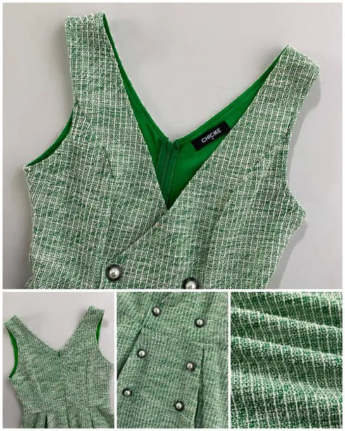 V-Neck Sleeveless Double Breasted Decor A Line Party Dress Causal Ziper Back Peplum Hem Commuting Dress green