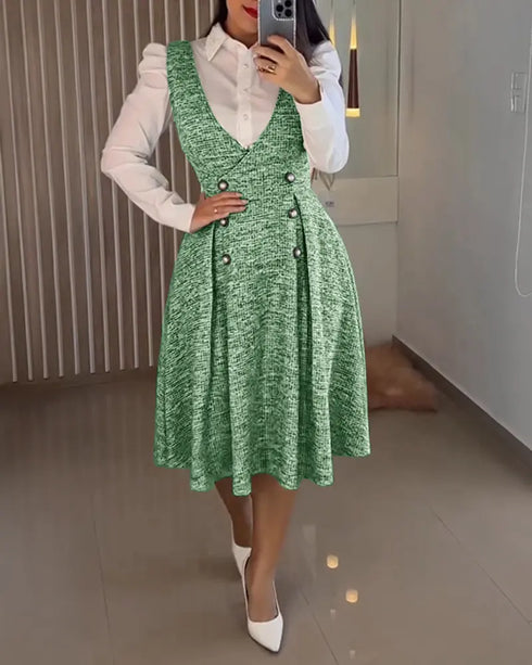 V-Neck Sleeveless Double Breasted Decor A Line Party Dress Causal Ziper Back Peplum Hem Commuting Dress green