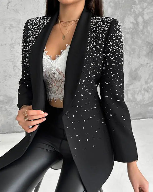 Rhinestone & Pearls Decor Shawl Collar Long Sleeve Blazer Coat black