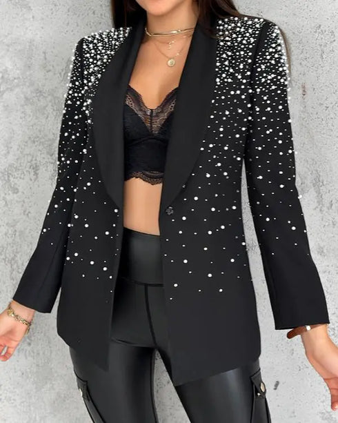 Rhinestone & Pearls Decor Shawl Collar Long Sleeve Blazer Coat black