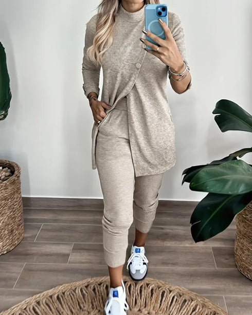 2 Piece Sequin Heart Pattern Mock Neck Long Sleeve Slit Top Leopard Print High Waist Cuffed Pants Lounge Sets beige