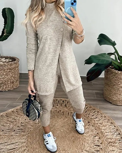 2 Piece Sequin Heart Pattern Mock Neck Long Sleeve Slit Top Leopard Print High Waist Cuffed Pants Lounge Sets beige