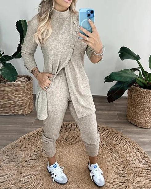 2 Piece Sequin Heart Pattern Mock Neck Long Sleeve Slit Top Leopard Print High Waist Cuffed Pants Lounge Sets beige