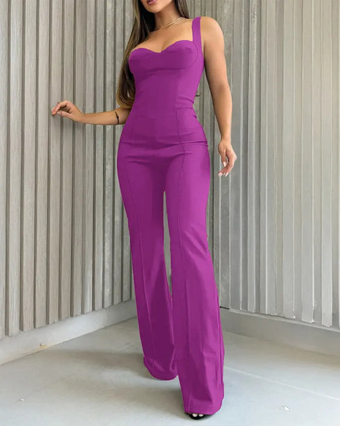 Sweetheart Neck Sequin Floral Mesh Sleeves Lace-up Back Jumpsuit Casual Backless Seam Front Flared Jumpsuit hot pink