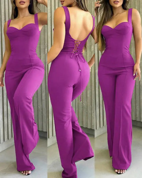 Sweetheart Neck Sequin Floral Mesh Sleeves Lace-up Back Jumpsuit Casual Backless Seam Front Flared Jumpsuit hot pink