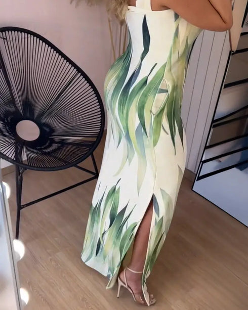Plants Print Square Neck Thick Strap Maxi Dress Casual Slim Fit Side Slit Vacation Dress with Pockets green