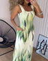 Plants Print Square Neck Thick Strap Maxi Dress Casual Slim Fit Side Slit Vacation Dress with Pockets green