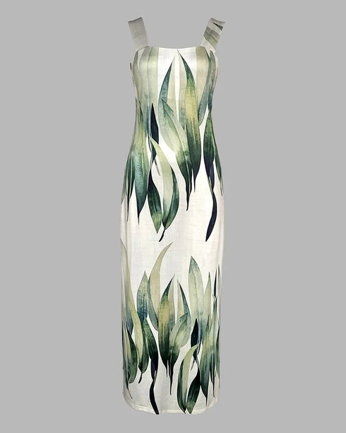 Plants Print Square Neck Thick Strap Maxi Dress Casual Slim Fit Side Slit Vacation Dress with Pockets green