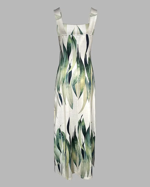 Plants Print Square Neck Thick Strap Maxi Dress Casual Slim Fit Side Slit Vacation Dress with Pockets green