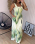 Plants Print Square Neck Thick Strap Maxi Dress Casual Slim Fit Side Slit Vacation Dress with Pockets green