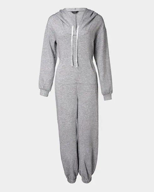 Hooded Kangaroo Pocket Design Stretchy Waist Cuffed Jumpsuit gray