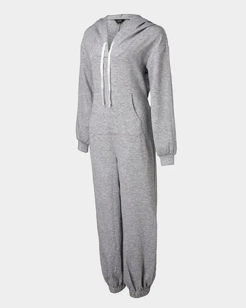 Hooded Kangaroo Pocket Design Stretchy Waist Cuffed Jumpsuit gray