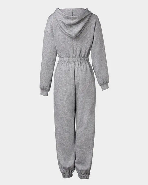 Hooded Kangaroo Pocket Design Stretchy Waist Cuffed Jumpsuit gray