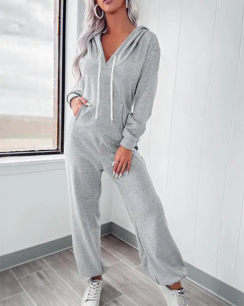 Hooded Kangaroo Pocket Design Stretchy Waist Cuffed Jumpsuit gray