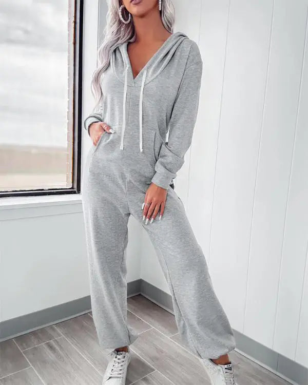 Hooded Kangaroo Pocket Design Stretchy Waist Cuffed Jumpsuit gray