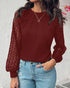 Floral Embroidery Round Neck Lantern Sleeve Blouse Sexy Sheer Mesh Patch Ruched Top Wine red