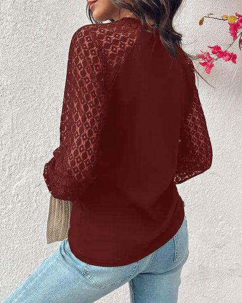 3D Polka Dot Appliques Mesh Long Sleeve Blouse Casual Shirred Cuffs Seam Front Top Wine red