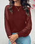 Floral Embroidery Round Neck Lantern Sleeve Blouse Sexy Sheer Mesh Patch Ruched Top Wine red