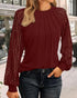 3D Polka Dot Appliques Mesh Long Sleeve Blouse Casual Shirred Cuffs Seam Front Top Wine red