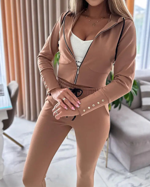 2 Piece Zip Up Hooded Sweatshirt Stretchy High Waist Pants with Pockets Tracksuit Set khaki