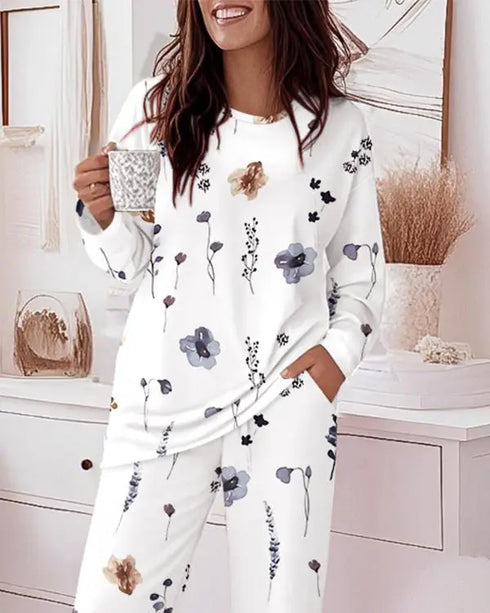Floral Butterfly Print Round Neck Long Sleeve Top and Causal Pants Set with Pocket white