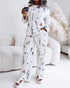 2 Pieces Outfit Heart & Let me sleep Slogan Print Long Sleeve Top and Christmas Tree & Snowflake Print Colorblock Elastic Waist Pants Set Casual Christmas Pajamas Set white