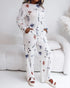 2 Pieces Outfit Cherry Print Round Neck Drop Shoulder Top and Elastic Waist Pants Set Casual Ribbed Flannel Pajamas Set white