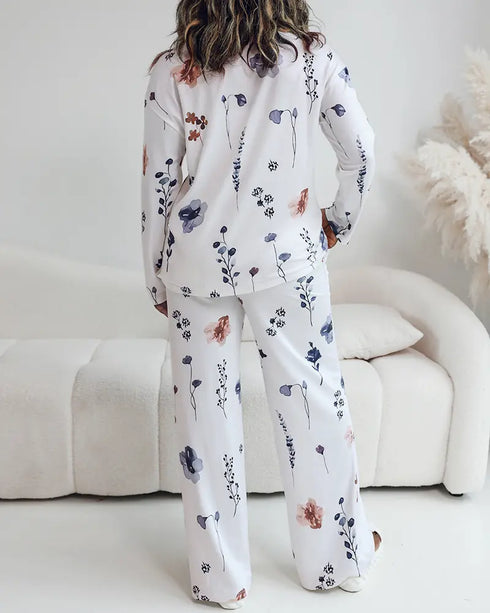 2 Pieces Outfit Round Neck Lace Spliced Short Sleeve Top and Elastic Waist Straight Leg Pants Set Casual Brushed Ribbed Pajamas Set white