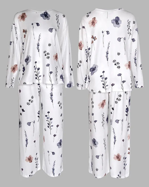 Floral Butterfly Print Round Neck Long Sleeve Top and Causal Pants Set with Pocket white