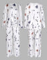 2 Pieces Outfit Floral Print Round Neck Drop Shoulder Top and Elastic Waist Pants Set Casual Ribbed Flannel Pajamas Set white
