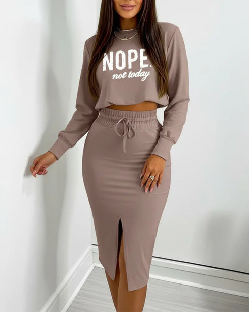 2 Pieces Outfit NOPE. not today Slogan Print Long Sleeve Stretchy Hem Crop Top and High Waist Drawstring Elastic Waist Slit Casual Skirt Set coffee