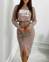 2 Pieces Outfit NOPE. not today Slogan Print Long Sleeve Stretchy Hem Crop Top and High Waist Drawstring Elastic Waist Slit Casual Skirt Set coffee