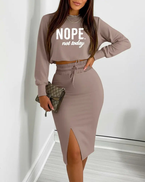 2 Pieces Outfit NOPE. not today Slogan Print Long Sleeve Stretchy Hem Crop Top and High Waist Drawstring Elastic Waist Slit Casual Skirt Set coffee
