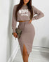 2 Pieces Outfit NOPE. not today Slogan Print Long Sleeve Stretchy Hem Crop Top and High Waist Drawstring Elastic Waist Slit Casual Skirt Set coffee