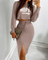 2 Pieces Outfit NOPE. not today Slogan Print Long Sleeve Stretchy Hem Crop Top and High Waist Drawstring Elastic Waist Slit Casual Skirt Set coffee