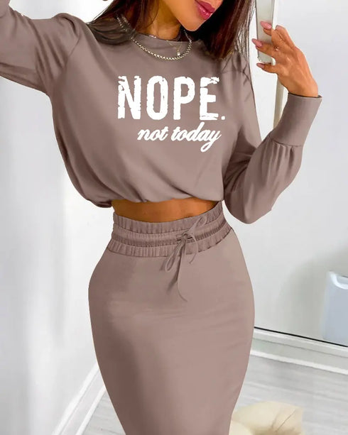 2 Pieces Outfit NOPE. not today Slogan Print Long Sleeve Stretchy Hem Crop Top and High Waist Drawstring Elastic Waist Slit Casual Skirt Set coffee