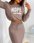 2 Pieces Outfit NOPE. not today Slogan Print Long Sleeve Stretchy Hem Crop Top and High Waist Drawstring Elastic Waist Slit Casual Skirt Set coffee